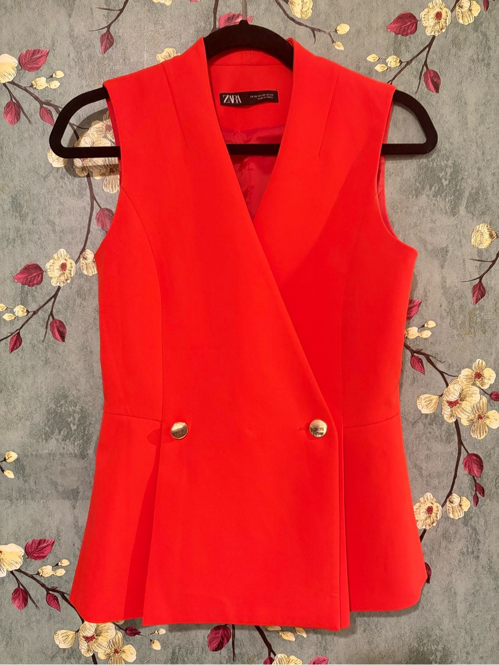 ZARA Bright Red Sleeveless Blazer Vest with Gold Buttons